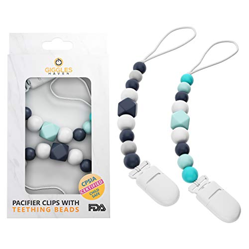 Book Cover Pacifier Clip Set (2-Pack) for Teething Relief - Pacifier Holder Clips for Newborn Babies and Toddlers - BPA-Free Silicone Beaded Teethers - Perfect Baby Shower Gifts for Girl or Boy