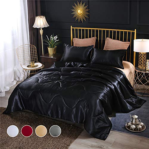 Holawakaka Solid Satin Silk Like Quilt Set Luxury Ultra Soft Silky Comforter Pillowcase Queen Size Bedding Set (Black)
