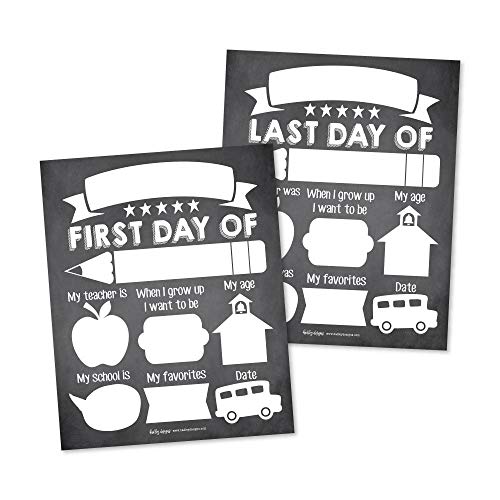 10 First and Last Day of School Interview Signs, Back Photo Booth Prop Chalkboard Style, 1st Preschool, Kindergarten, Pre K Grade Sign, Reusable Reversible Girl Boy Kid Child Year 8x10 Card Stock