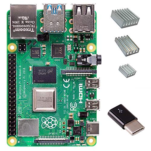 Raspberry Pi 4 with CanaKit Heat Sinks and Micro USB to USB-C Converter (4GB RAM)