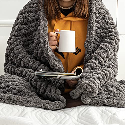 Hearth & Stone Chunky Knit Blanket Throw – 50" x 60", 3.7 lbs – Handwoven Soft Chenille Yarn, Fluffy and Smooth – Machine Washable Cable Knit Blanket for Couch, Bed, and Living Room – Slate Grey