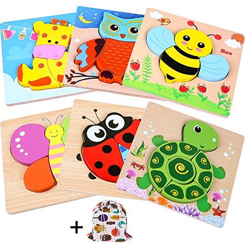 INNOCHEER Wooden Animal Jigsaw Puzzles for Toddlers, Educational Toys with 6 Pcs Chunky Bright Vibrant Color Shapes Lovely Animal, Extra Drawstring Bag for Easy Storage