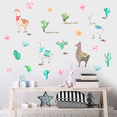 IARTTOP Watercolor Llama Wall Decal, Funny Alpaca Sticker for Kids Bedroom Decoration, Tropical Cactus Flower Window Cling Decor and Nursery Room Decor (29 pcs Multicolor Decals)