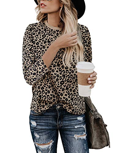 Book Cover BMJL Women's Casual Cute Shirts Leopard Print Tops Basic Short Sleeve Soft Blouse (Large, 3/4sleeve &Leopard 02)