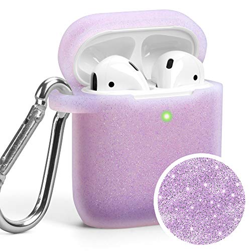Book Cover Airpods Case, GMYLE Silicone Protective Shockproof Wireless Charging Airpods Earbuds Case Cover Skin with Keychain kit Set Compatible for Apple AirPods Case 2 & 1 â€“ Sparkling Lavender Purple [Front LE