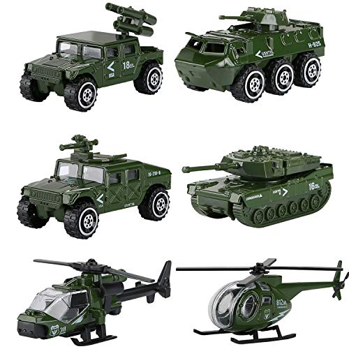 Hautton Diecast Military Toy Vehicles, 6 Pack Alloy Metal Army Toys Model Cars Playset Tank, Panzer, Attack Helicopter, Anti-air Vehicle, Scout Helicopter Gift for Kids Boys Toddlers