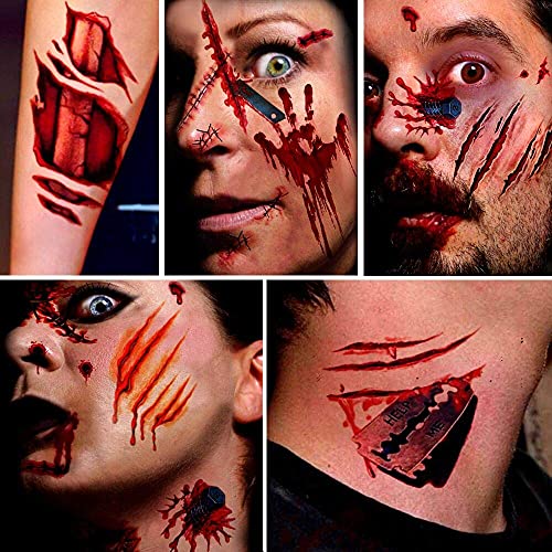 Zombie Makeup,Halloween Makeup,11 Unique Sheets,Fake Blood, Scar Tattoo,Halloween Tattoos Fake Blood Makeup Vampire Makeup, Enjoy Halloween Makeup Kit Zombie Tattoos,11 Sheets,61 Pics Fake Scars Cuts