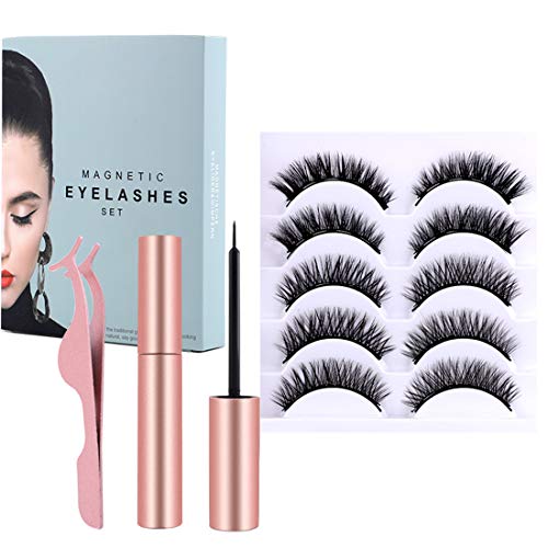 Book Cover Magnetic Eyelashes and Eyeliner Kit, 5 Pairs of Natural Soft False Eyelashes and Delicate Smooth Eyeliner, Thick Curly Lashes with Waterproof Texture, Easy to Wear and Reusable.