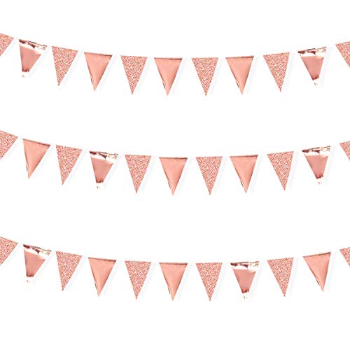 30 Ft Rose Gold Double Sided Glitter Metallic Paper Triangle Flag Pennant Bunting Banner for Wedding Birthday Holiday Festivals Anniversary Bridal Shower Hen Party Theme Party Decorations Supplies