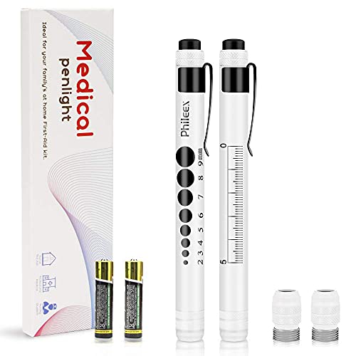 Pen Light, Phileex Medical Pen Lights Nurse Penlight with Pupil Gauge for Nurses Nursing Students Doctors 2pcs White with Batteries