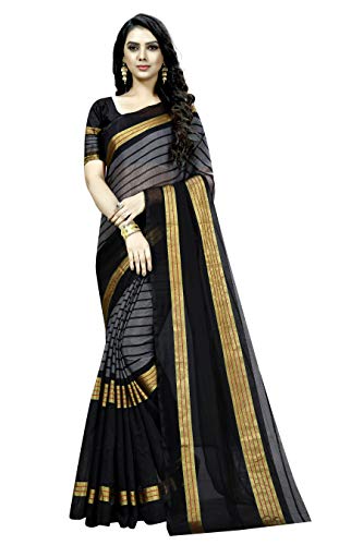 Kanchan Women's Venkatgiri Cotton Silk Saree With Blouse Piece (PADING_Black)