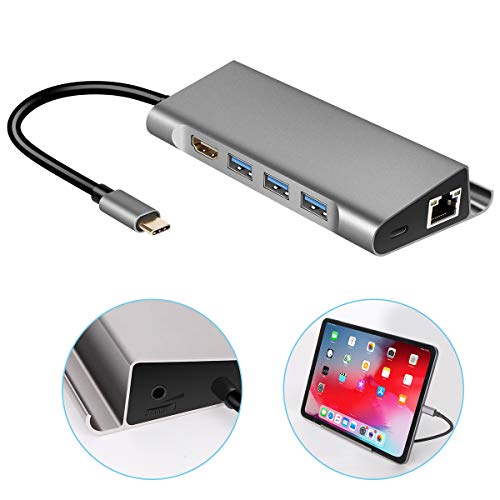USB C Hub Stand for iPad Pro 2018,USB HDMI Headphone Ethernet Charger Adapter Docking Station Compatible with MacBook/Pro MacBook Air 2018 Samsung S10/S9