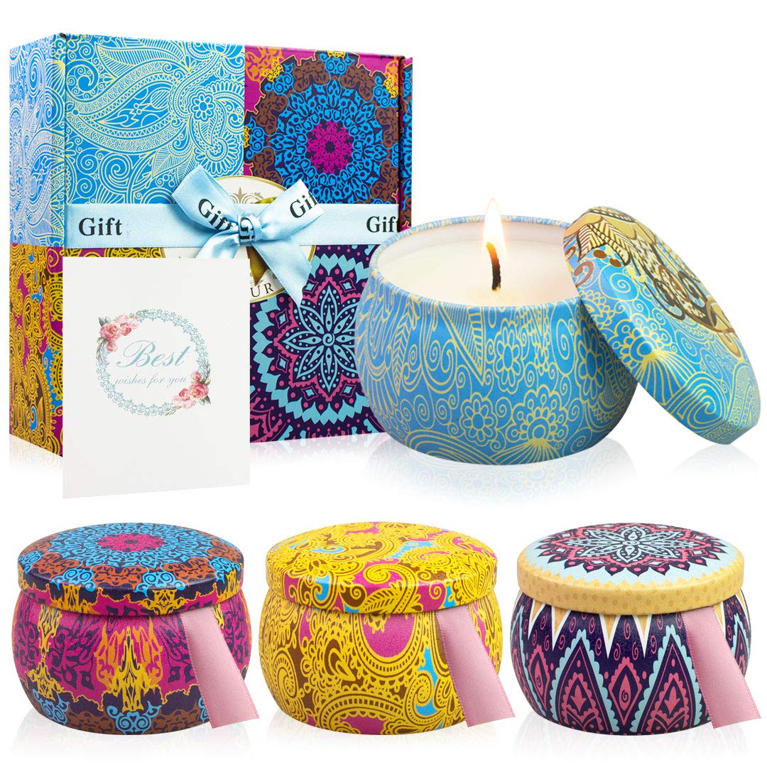 LONG FIT Scented Candles, 100% Natural Soy Wax 4 x 4.4 Oz Per tin, Romantic Aromatherapy Candles Best Gift Set for Women Portable for Travel Four Different Fragrance Essential Oils for Stress Relief
