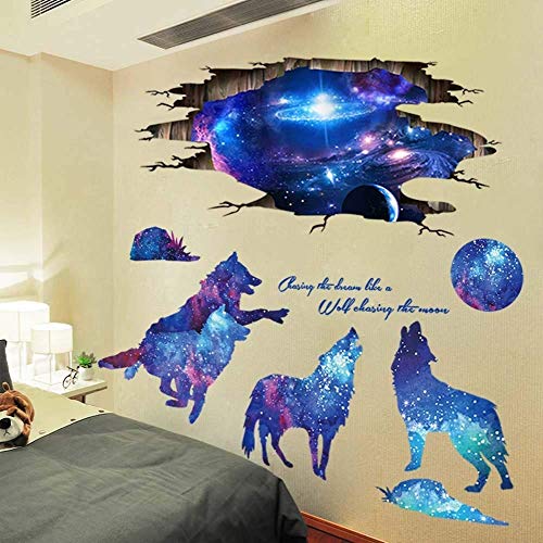 Book Cover Amaonm 3D Blue Starry Sky Wolf Moon Wall Decals Removable PVC Magic 3D Milky Way Outer Space Planet Wall Sticker Peel Stick Home Decor for Kids Baby Bedroom Boys Girls Nursery Room Ceiling Living Room