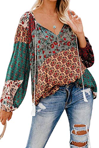 Women's Boho Blouses Floral Print V Neck Long Sleeve Shirts Casual Loose Tops