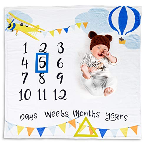 Double Sided Baby Monthly Milestone Blanket | with Bonus Knitted Bear Beanie | Large Size 50" x 50" | Photography Backdrop Newborn Girls or Boys Photo Prop | Plush Fleece |