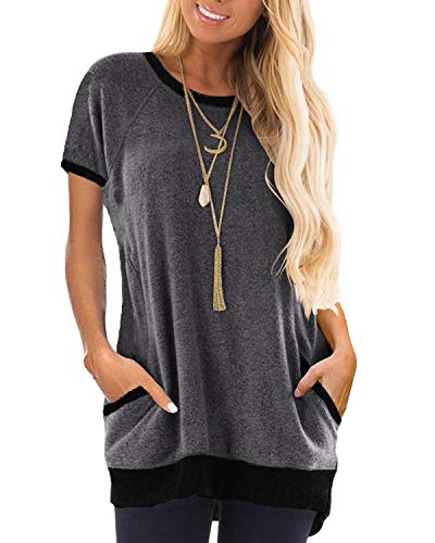 GADEWAKE Womens Summer Casual Color Block Short Sleeve Round Neck Pocket T Shirts Blouses Tunics Tops