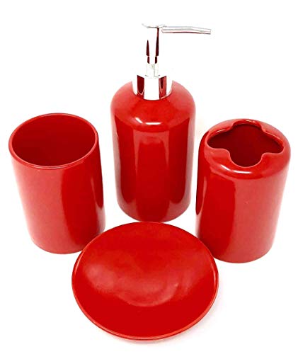Book Cover 4 Piece Ceramic Bathroom Accessories Set - Red - Our Complete Bath Decor Kit Includes Designer Soap or Lotion Dispenser - Toothbrush Holder - Tumbler - Soap Dish