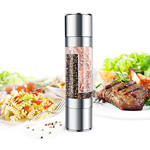 Book Cover Stainless Steel Salt and Pepper Grinder - Mixoo 2 in 1 Manual Salt & Pepper Mill Shakers Refillable with Dual Adjustable Coarseness and Clear Acrylic Body