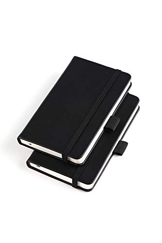 (2 Pack) Pocket Notebook Small Hardcover Note Book 3.5" x 5.5", Mini Ruled Lined Journal, Leather Cover, Black, with Pen Holder, Bookmarks and Inner Pockets
