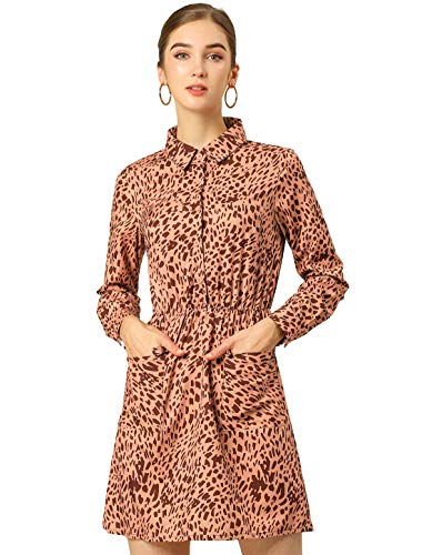 Allegra K Women's Leopard Print Button Flap Pockets Long Sleeve Mini Dress