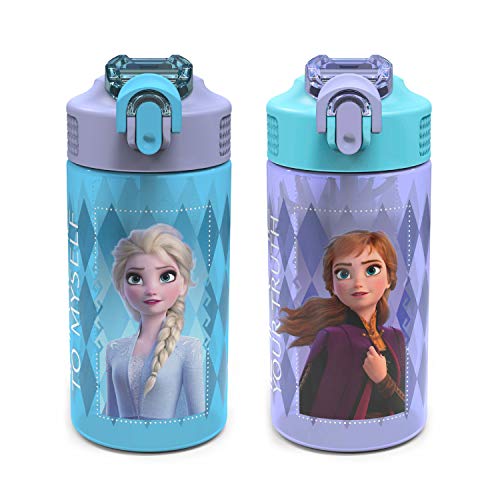 Book Cover Zak Designs Disney Frozen 2 Kids Water Bottle Set with Reusable Straws and Built in Carrying Loops, Made of Plastic, Leak-Proof Water Bottle Designs (Elsa & Anna, 16 oz, BPA-Free, 2pc Set)