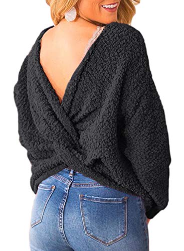 Sidefeel Women Criss Cross Backless Fuzzy Sweater Pullover Tops