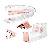 ALSISK Desk Accessory Kit,Acrylic Stapler Set, Tape Dispenser, Staple Remover with 1000pcs 26/6 Staples -Rose Gold