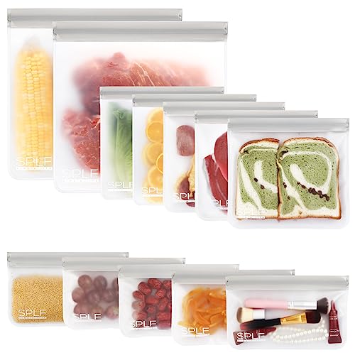Book Cover SPLF 12 Pack BPA FREE Reusable Storage Bags (5 Reusable Sandwich Bags, 5 Reusable Snack Bags, 2 Reusable Gallon Bags), Extra Thick Freezer Bags Leakproof Silicone and Plastic Free Lunch Bags for Food