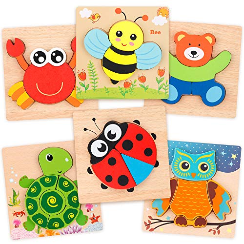 Book Cover Coogam Wooden Jigsaw Puzzle Set, 6 Pack Animal Shape Color Montessori Toy, Fine Motor Skill Early Learning Preschool Educational Gift Game for 2 3 4 5 Years Old Kid Toddler
