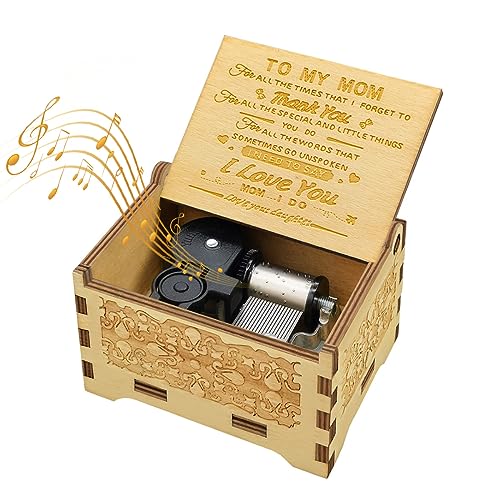 Hand Crank Music Box for Mom Gifts from Daughter, Unique Gifts for Mom Vintage Engraving Wooden Music Box (for Mom)