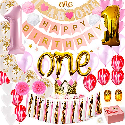 Baby Girl 1st Birthday Decorations | 1st Birthday Girl Decorations | White, Pink and Gold Party Supplies Set. First Birthday Decorations for Baby Girls, Happy Birthday Banners,Baby Crown