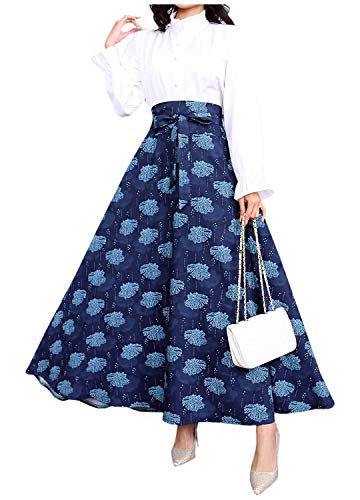 Multifit Women's Bohemian African Floral Print Skirt Fold Over High Waist Pleated Long Maxi Swing Skirt Dress