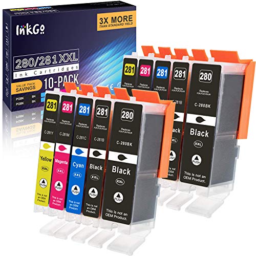 InkGo Compatible Canon Ink Cartridges 280 and 281 Replacement PGI-280XXL CLI-281XXL PGI 280 XXL CLI 281 XXL Pixma TR7520 TR8520 TS6120 TS6220 TS8220 TS9120 TS9520 TS9521C Printer (10 Pack)