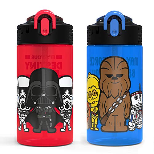 Book Cover Zak Designs PP Park Straw Kids Durable Plastic Spout Cover and Built-in Carrying Loop, Leak-Proof Water Design for Travel, (16oz, 2pc Set), 2 Count (Pack of 1), Darth Vader Bottle 2pk