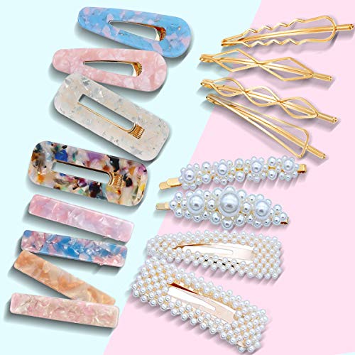 16 PCS Barrettes For Women, Pearl Hair Clip, Acrylic Resin Barrette Geometric Hairpin for Women, Ladies & Girls - Korean Style Assorted Cute & Trendy Hair Barrette Pack For Thick/Fine Hair