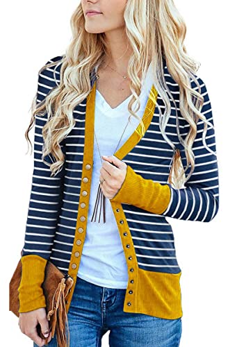 Book Cover Faatoop Women's Button Down Knitwear Casual Long Sleeve V-Neck Open Front Striped Cardigan Sweater