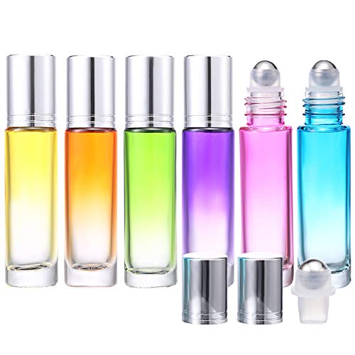 Glass Essential Oil Roller Bottles Empty Bottles 6 Pack with 1 Extra Stainless Steel Roller Ball 8 Black Labels 1 Opener 1 Funnel 1 Dropper (Silver)