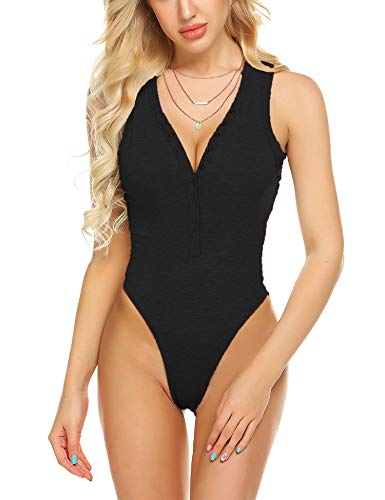Besshopie Women's Sexy Deep V Neck Bodysuit Sleeveless Bodysuits Jumpsuits