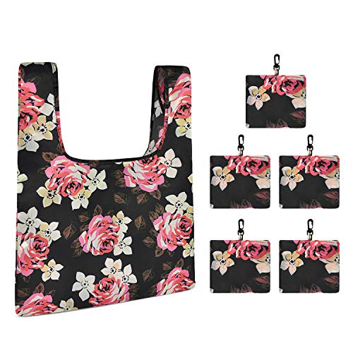 LOKASS 5Pcs Reusable Shopping Bag Foldable Grocery Bags Tote Bags,Peony