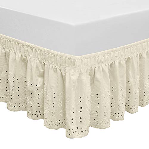 Book Cover QSY Home Wrap Around Elastic Eyelet Bed Skirts 14 1/2 Inches Drop Dust Ruffle Three Fabric Sides Easy On/Easy Off Adjustable Polyester Cotton(Ivory Queen/King)