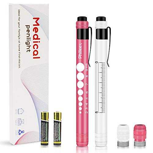 Book Cover Pen Light, Phileex Nurse Pen Light Medical Penlight with Pupil Gauge for Nurses Nursing Students Doctors White and Pink with Batteries