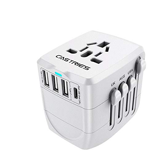Castries Universal Travel Adapter, 2300W International Power Adapter with Dual Fuse, European Plug Adapter with 1 Type C&3 USB Ports, Universal AC Plug for Over 200 Countries, Travel Accessories,Gray