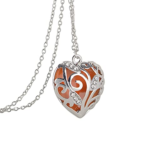 SPHTOEO Glow in Dark Women Necklace Hollow Out Heart Crystal Pendant Luminous Necklace (Orange)