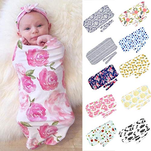Oguine Newborn Print Blanket Headband Bow Set Baby Swaddle Wrap Sleeping Bag Bath & Hooded Towels