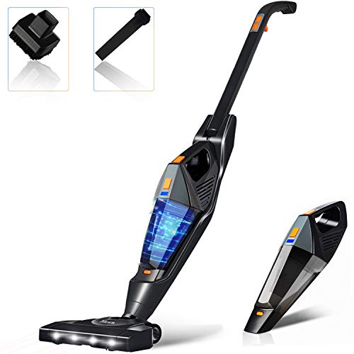 Cordless Vacuum, Hikeren Stick Vacuum Cleaner, 12KPa Lightweight 2 in 1 Stick Handheld Vacuum with Rechargeable Lithium Ion Battery and LED Brush for Floor Carpet Pet Hair, Black (Upgraded)