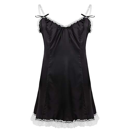 inlzdz Men's Adult Baby Satin Spaghetti Straps V-Neck Dress Sissy Crossdress Lingerie Nightwear