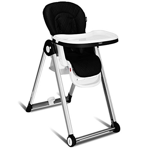 INFANS Folding High Chair for Babies &Toddlers, Space Saving with Multiple Adjustable Backrest, Footrest & Seat Height, Front Wheels, Removable Trays, Detachable Cushion, Storage Basket (Black)