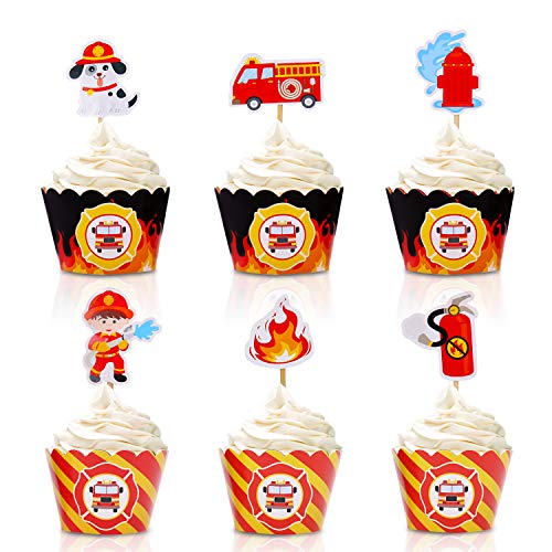 Bessmoso Fire Truck Cupcake Toppers & Adjustable Cupcake Wrappers Perfect for Baby Shower or Firefighter Fireman Fire Truck Theme Birthday Party Decorations Supplies 72 counts