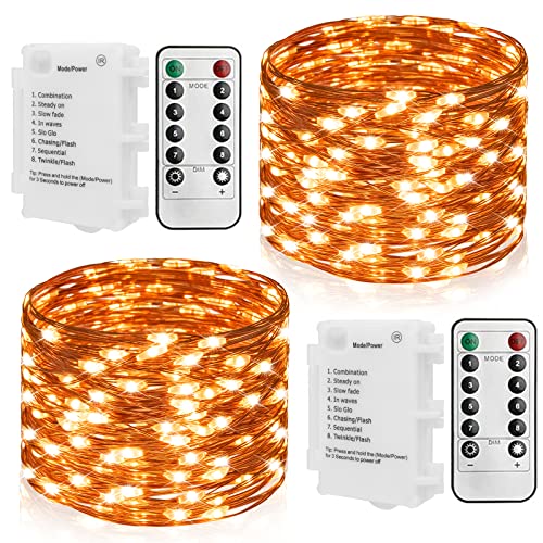 STARKER 2 Pack 33ft 100 LEDs Fairy Lights Battery Operated String Lights with Remote Control Twinkle Lights 8 Modes Timer Waterproof Copper Wire Lights for Christmas Party Bedroom Outdoor Warm White
